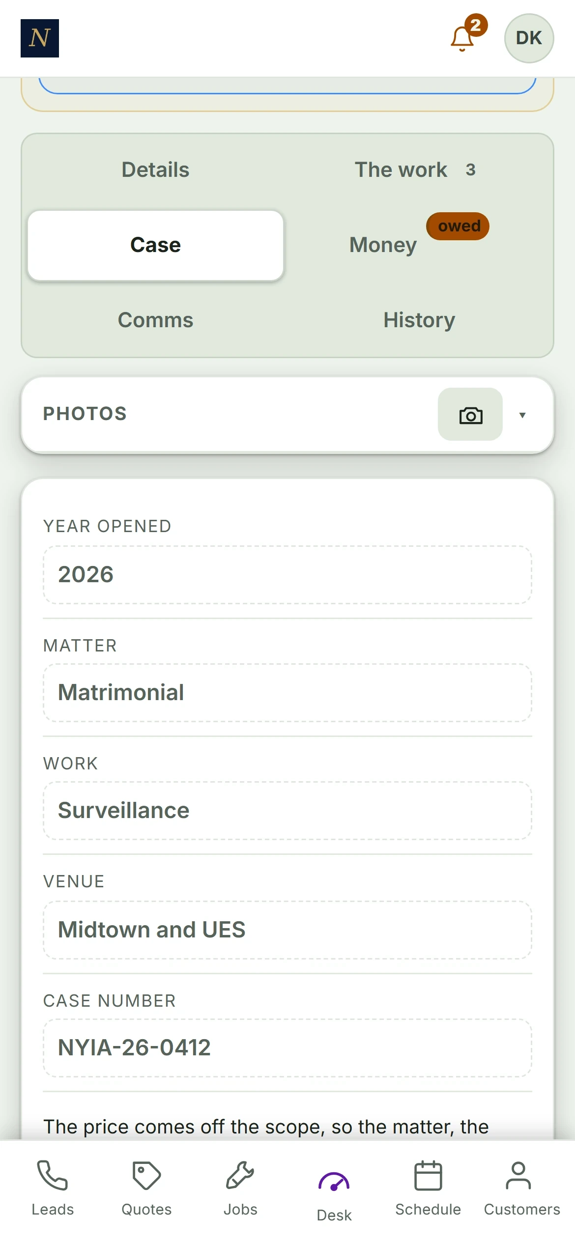 A New York Intelligence Agency matter on a phone with a Case tab, work type and venue