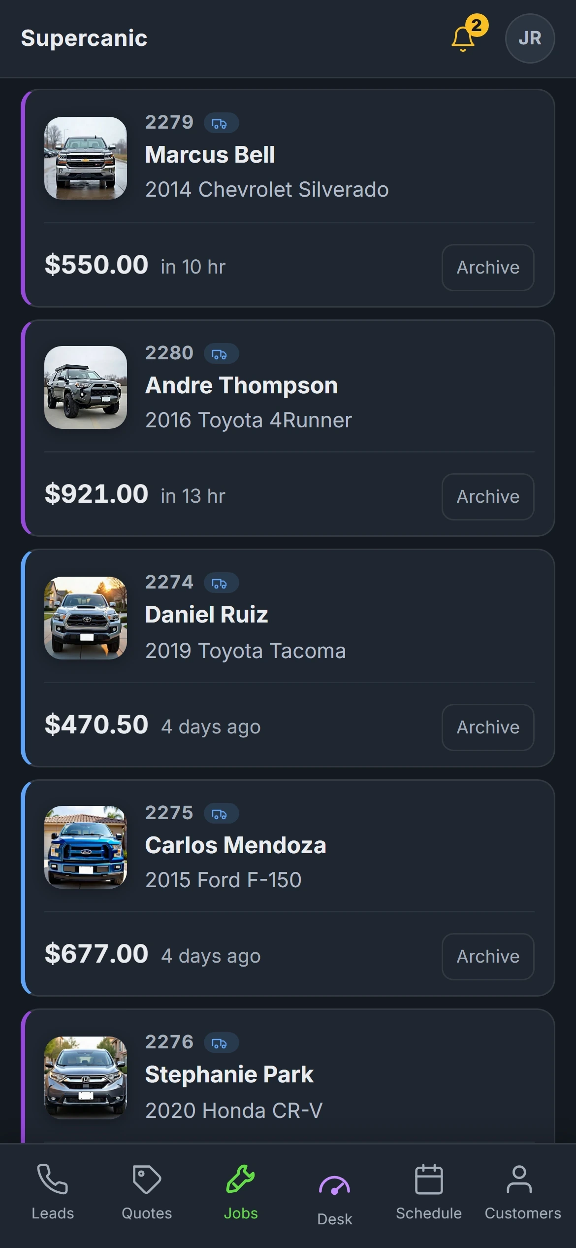 The Supercanic job board on a phone, every job with a photo of the car