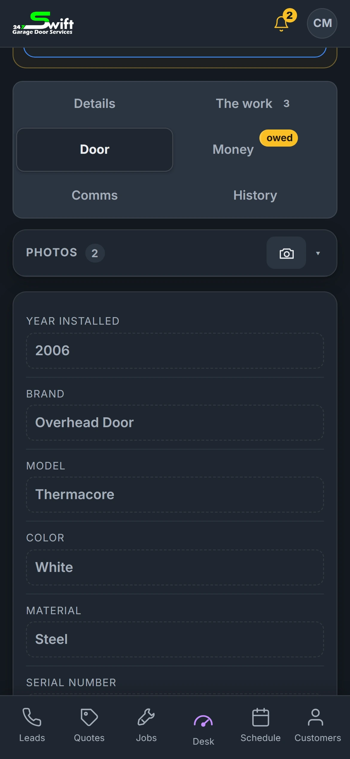 A 24/7 Swift garage door job on a phone with a Door tab, brand, model and material
