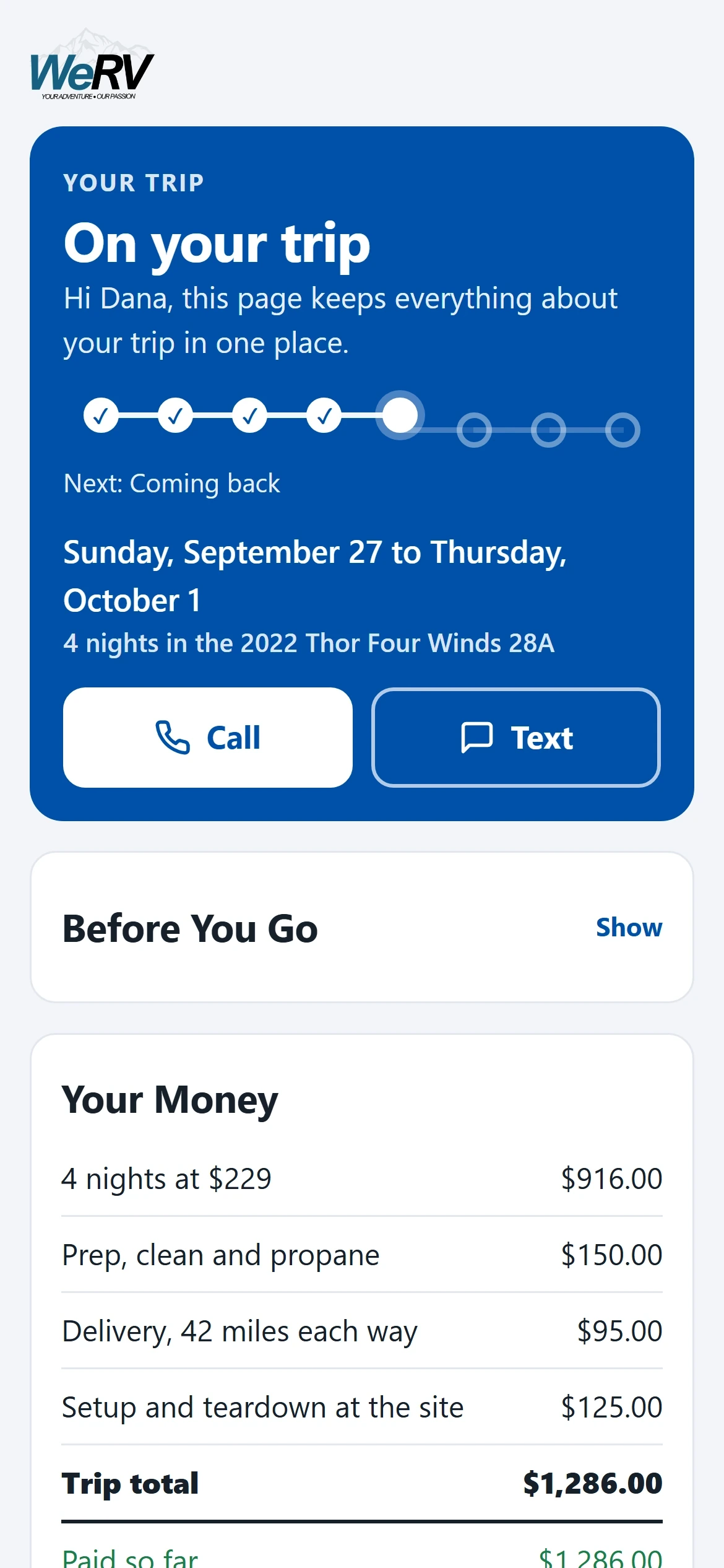 A WeRV renter's private trip page on a phone, with the trip dates and what is paid