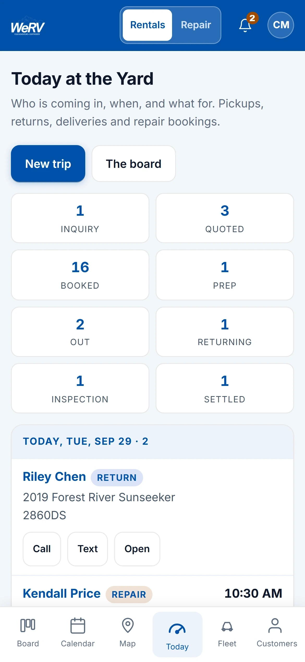 WeRV's Today at the Yard on a phone, with pickups, returns and repairs counted